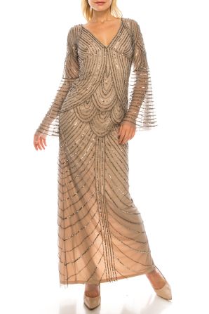 Adrianna Papell Mercury Nude Beaded Mesh Evening Gown