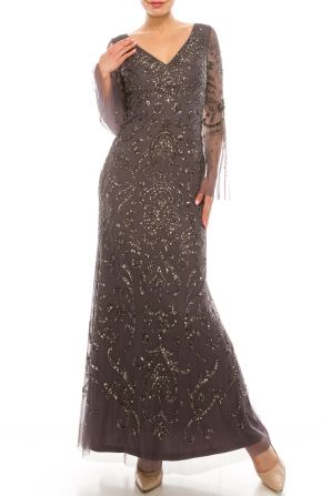 Adrianna Papell Moonscape Beaded Long Sleeve Gown