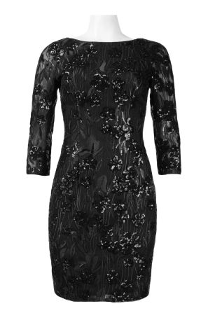 Aidan by Aidan Mattox Boat Neck 3/4 Sleeve V-Back Embroidered Floral Sequin Mesh Dress
