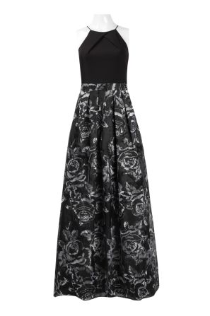 Aidan by Aidan Mattox Halter Pleated Solid Bodice Pleated Floral Crepe Embroidered Silk Organza Dress