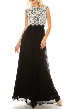 Aidan Mattox Ivory Black Embellished Lace Top  A-Line Evening Dress