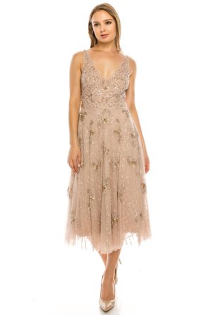 Aidan Mattox Blush Floral & Lattice Allover Beaded Sleeveless Midi Dress