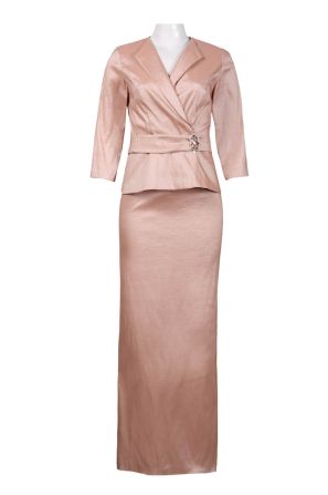 Alex Evenings Overlap Collar Brooch Detail Top Ankle Length Tafetta Skirt Set