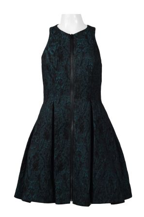 Ali Ro Halter Neck Zipper Front Box Pleat A-Line Jacquard Dress