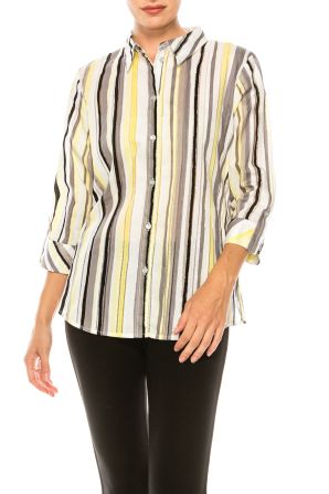 Allison Daley Yellow Multi Stripe 3/4 Sleeve Button Up Collared Top