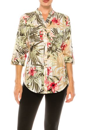 Allison Daley Jungle Floral Print 3/4 Sleeve Button Up Top