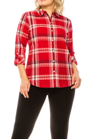 Allison Daley Red Plaid Print 3/4 Sleeve Button Up Collared Top