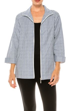 Allison Daley Blue White Stripe 3/4 Sleeve Zip Up Collared Jacket