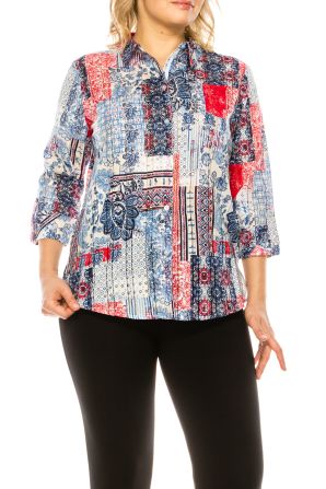 Allison Daley Red Blue Patch Print 3/4 Sleeve Button Up Collared Top