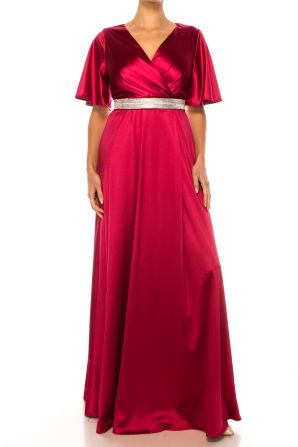 Aspeed Rhinestone Belt V-Neck Long Evening Dress