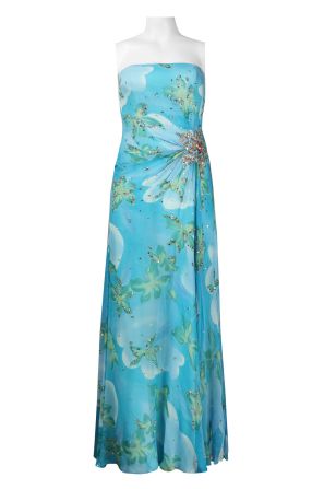Basix Strapless Brooch Side Detail Silk Chiffon Printed Dress