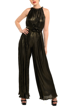 Cenia Metallic Pleated Halter Wide Leg Jumpsuit