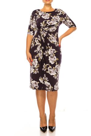 Connected Apparel Side Pleated Floral Sheath Dress