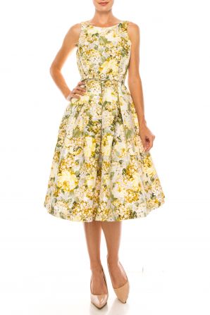 Danny & Nicole Ivory Lilac Floral Sleeveless Belted Bouffont Dress