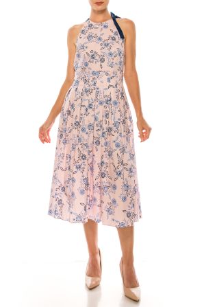 Donna Morgan Blush Blue Floral Print Sleeveless Midi Dress