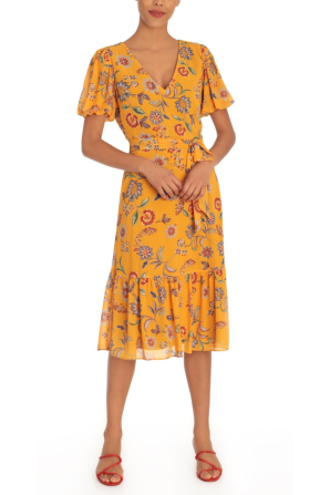 Donna Morgan Mellow Yellow Floral Print Short Sleeve Midi Dress