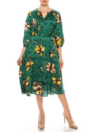 Donna Morgan Emerald Yellow Floral Print 3/4 Sleeve Midi Dress