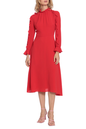 Donna Morgan Ruffle Long Sleeve A-line Midi Dress