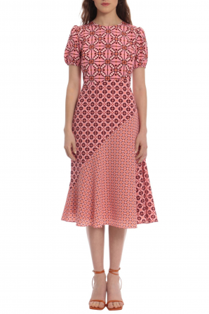 Donna Morgan Printed Short Puff Sleeve Fit & Flare Midi Dress