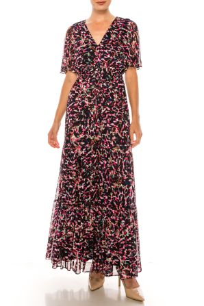 Donna Morgan Navy Pink Animal Print Short Sleeve Maxi Dress
