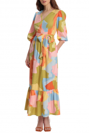 Donna Morgan Blue Citrone Multi Color 3/4 Puff Sleeve Ruffle Hem Maxi Dress