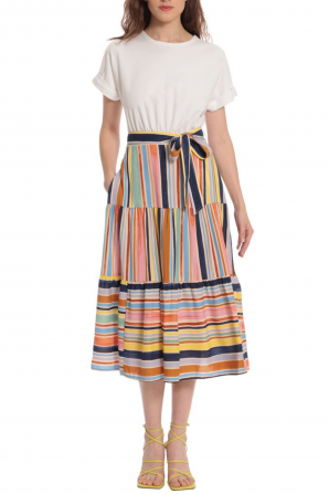 Donna Morgan Butter Cream Rose Multi Color Stripe Skirt Short Sleeve A-Line Dress