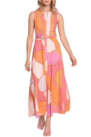 Donna Morgan Belted Sleeveless Button Down Colorblock Maxi Dress