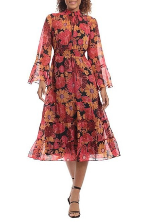 Donna Morgan Floral Mock Neck Tiered Ruffle A-Line Midi Dress