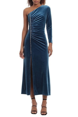 Donna Morgan Velvet One Shoulder Embellished Front Slit Midi Dress