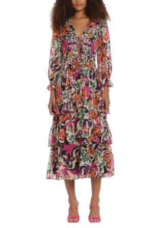 Donna Morgan Long Sleeve Floral Tiered Midi Dress