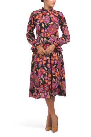 Donna Morgan Ruffle Sleeve Floral Mock Neck Dress