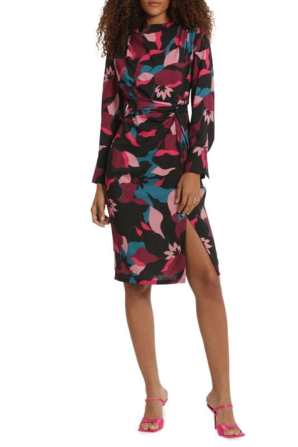 Donna Morgan Long Sleeve Floral Twisted-Knot Dress