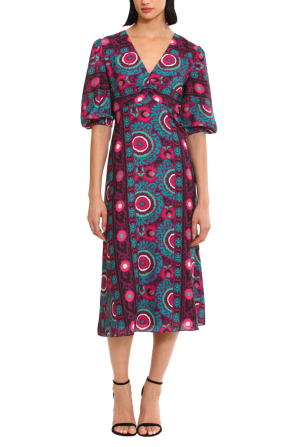 Donna Morgan Floral Puff Sleeve A-Line Midi Dress