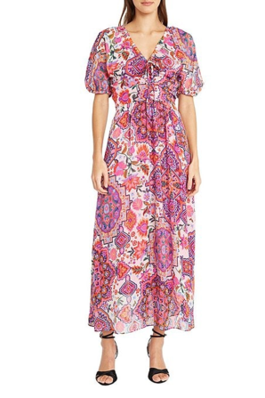 Donna Morgan Short Sleeve Floral Print Maxi Dress