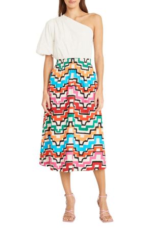 Donna Morgan Contrast Print One-Shoulder Dress