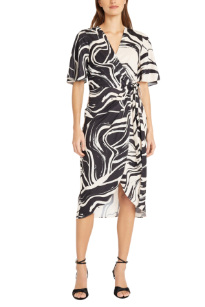 Donna Morgan Short Sleeve Abstract Wrap Midi Dress