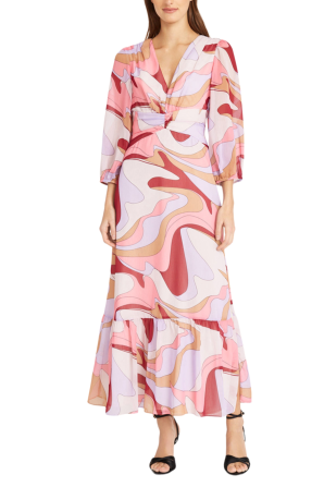 Donna Morgan 3/4 Sleeve V-Neck Abstract Maxi Dress