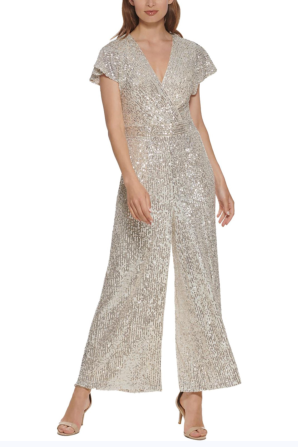 Eliza J Short Sleeve Wide Leg Sequined Jumpsuit
