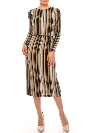 Maggy London Black Tan Textured Stripe 2 Piece Midi Dress