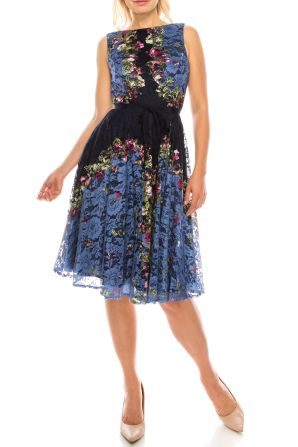 Gabby Skye Perriwinkle Navy Lace Floral Printed Circle Skirt Dress