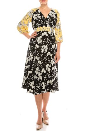 Gabby Skye Lemon Black Floral Printed Midi Circle Skirt Dress