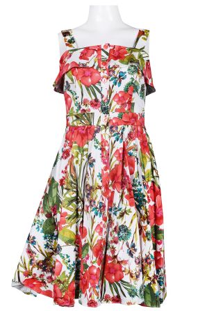 Gabby Style Buttoned Front Mixed Floral Polyester Pleated Dress