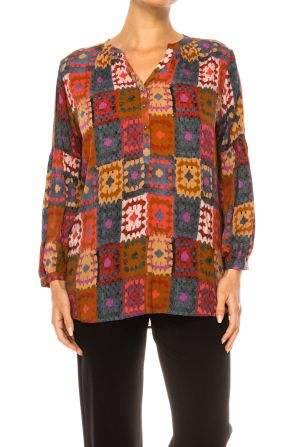 Grand & Greene Long Sleeve Squares Peasant Top