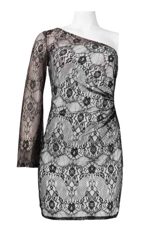 Hailey by Adrianna Papell Bell Sleeve Asymmetrical Shoulder Lace Overlay Dress