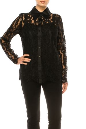 Hester & Orchard Black Lace Button Down Collared Blouse