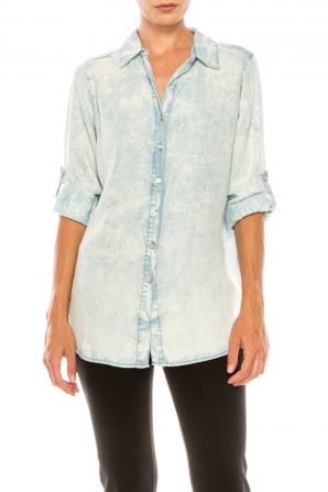 Hester & Orchard Snow Blue Denim Tencel Button Up Collared Top