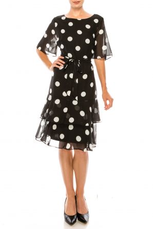 ILE Clothing Polkadot Print Short Sleeve Ruffle Skirt Belted A-Line Dress