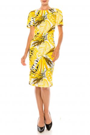 Ile Clothing Yellow Palm Print Pleated Short Sleeve Sheath Dress