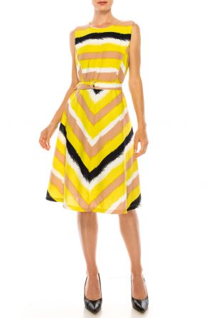 ILE Clothing Multi Color Printed Sleeveless Belted A-Line Dress