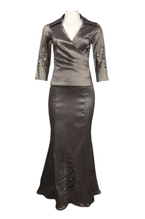Karen Miller Surplice Neckline Laser Cut Iridescent Satin Dress
